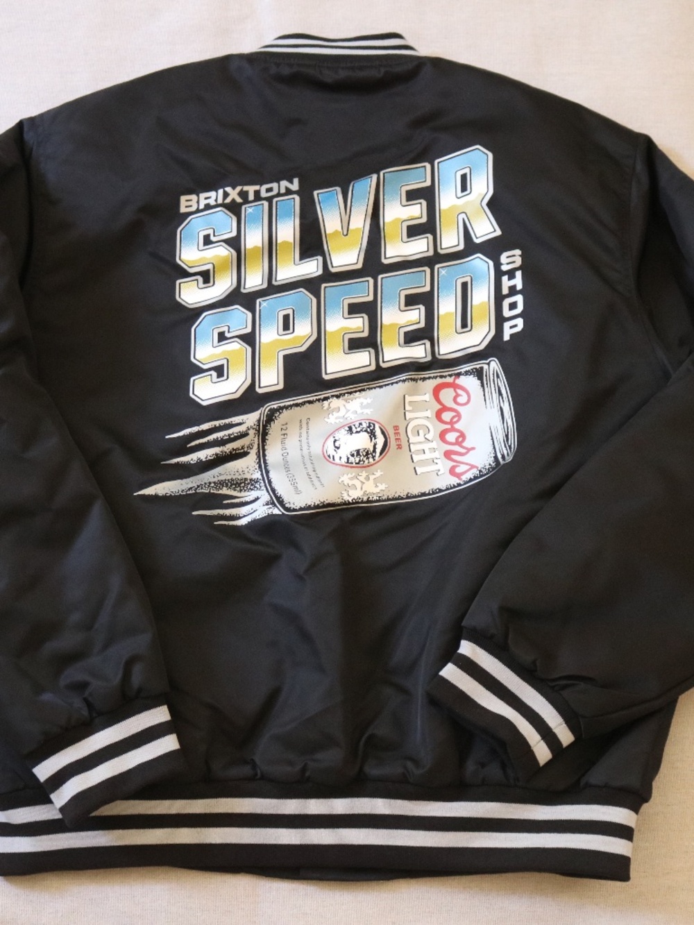 Brixton x Coors Light Silver Speed Shop Bomber Jacket Men's M Black Silver NWT